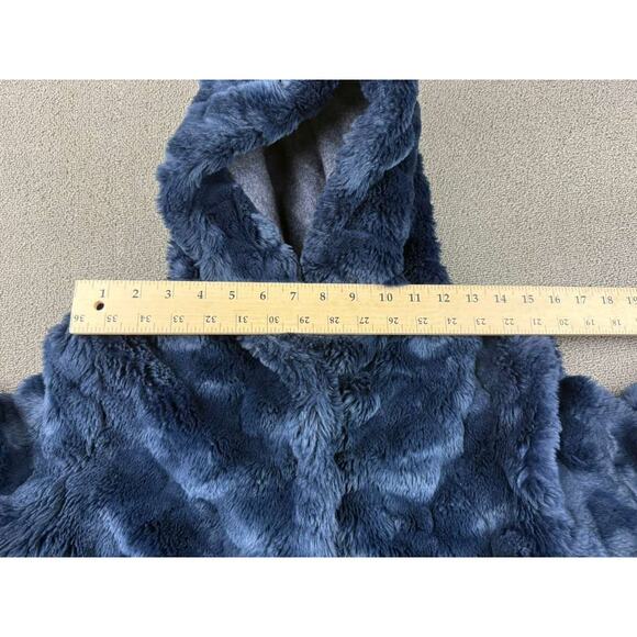 Sisley Hooded Coat Women 2 Blue Faux Fur Clip Buttons Gray Wool Lined Hood Plush - Picture 4 of 9